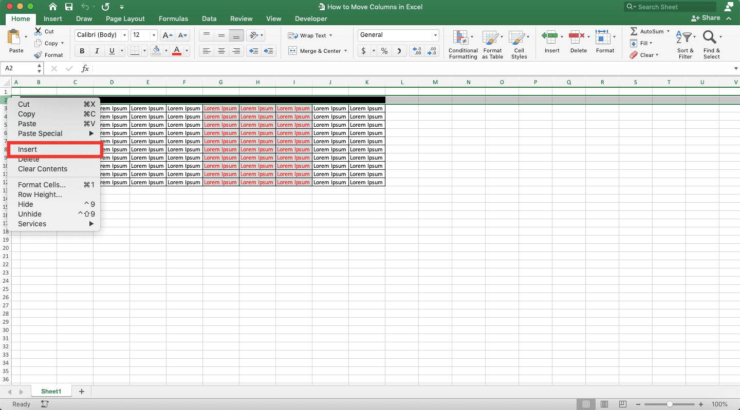 How to Move Columns in Excel - Screenshot of Step 2, Sort Method