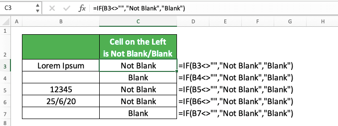 How to Determine if a Cell is Not Blank in Excel - Screenshot of the Implementation Example of an IF with If Not Blank Logic Condition