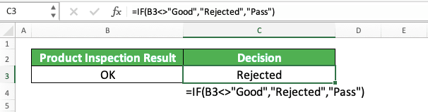 How to Write “Not Equal to” in Excel - Screenshot of the Not Equal to Writing Implementation Example in an IF Formula in Excel