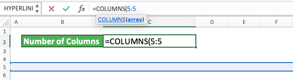 Number of Columns and Rows in Excel - Screenshot of the Typing of the Row Number in COLUMNS