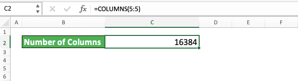 Number of Columns and Rows in Excel - Screenshot of the Result of the COLUMNS to Count the Number of Columns in an Excel Worksheet