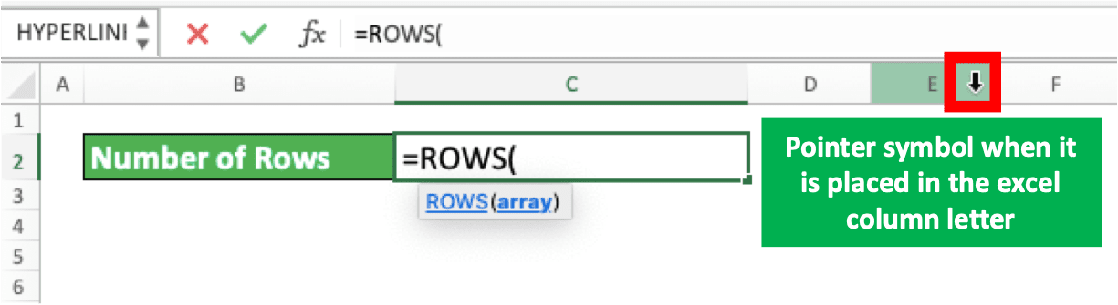 Number of Columns and Rows in Excel - Screenshot of the Pointer Symbol When It is on the Column Letter