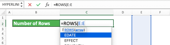 Number of Columns and Rows in Excel - Screenshot of the Typing of the Column Letter in ROWS