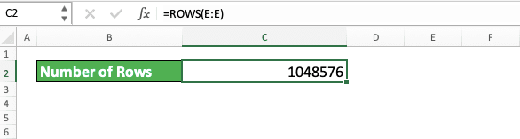 Number of Columns and Rows in Excel - Screenshot of the Result of ROWS to Count the Number of Rows in an Excel Worksheet