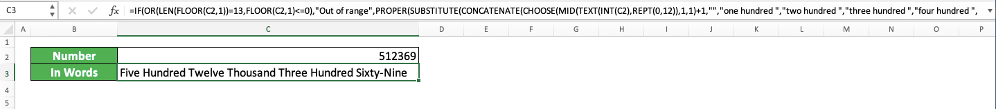 How to Convert Number to Words in Excel - Screenshot of the Various Formulas Combination Implementation Example to Convert Number to Words in Excel