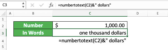 How to Convert Number to Words in Excel - Screenshot of the NUMBERTOTEXT Formula with the Currency Word Implementation Example in Excel