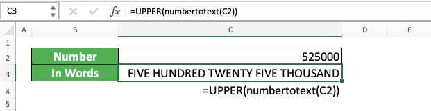 How to Convert Number to Words in Excel - Screenshot of the UPPER Formula with the PROPER Implementation Example in Excel