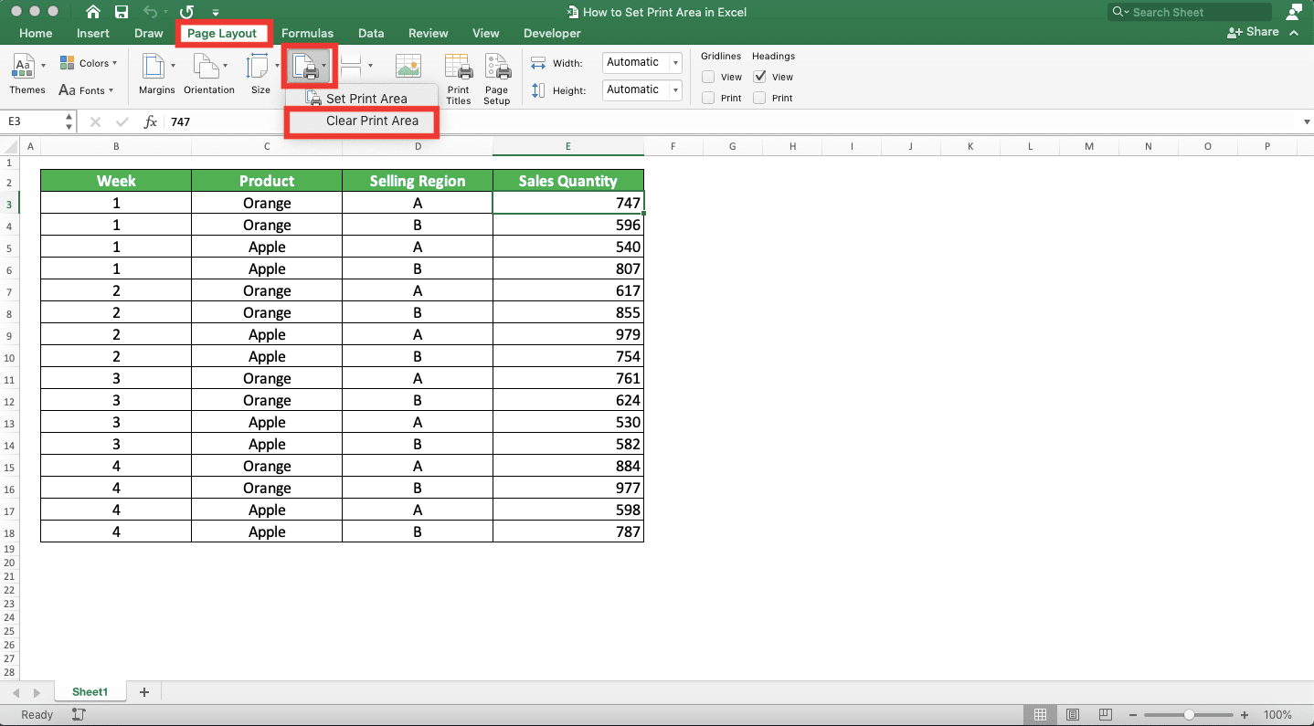 How to Set Print Area in Excel - Screenshot of the Page Layout Tab, Print Area Dropdown Button, and Clear Print Area Choice Locations