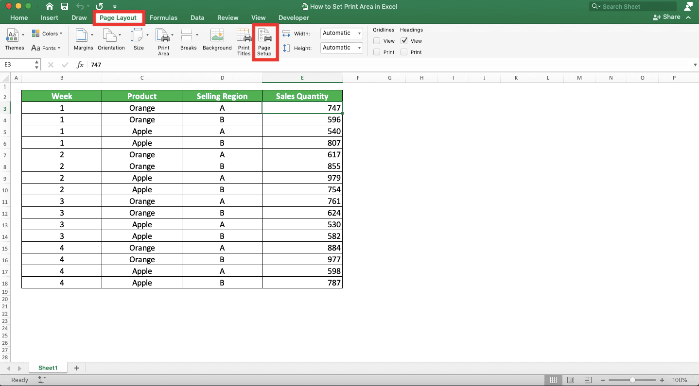 How to Set Print Area in Excel - Screenshot of the Page Layout Tab and Page Setup Button Locations