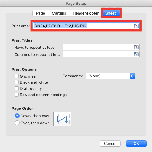 How to Set Print Area in Excel - Screenshot of the Sheet Tab and Print Area Text Box Locations in the Page Setup Dialog Box