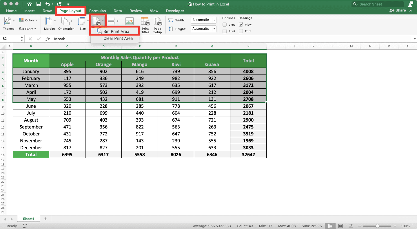 How to Print in Excel Neatly - Screenshot of How to Set Print Area, Step 2