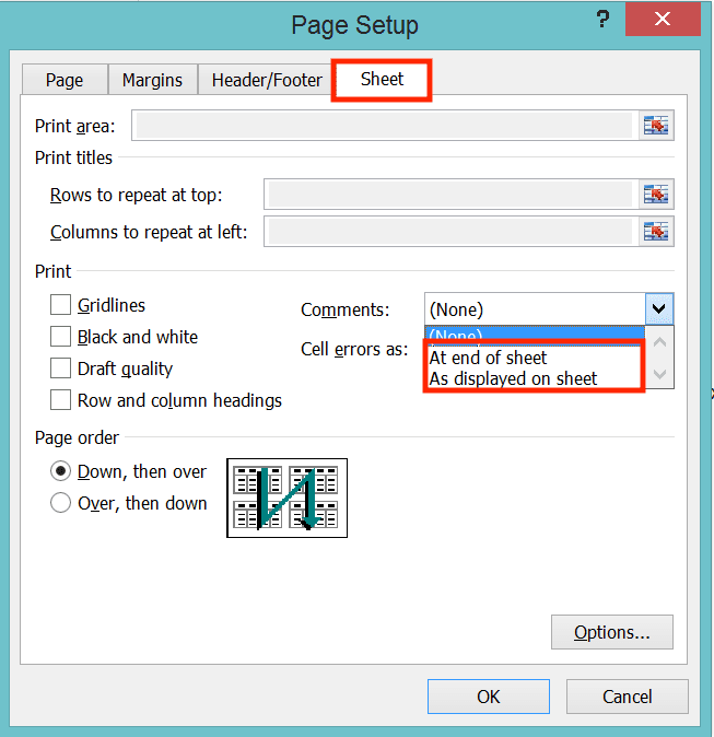 How to Print in Excel Neatly - Screenshot of the At end of sheet and As displayed on sheet Choices in the Comments Dropdown