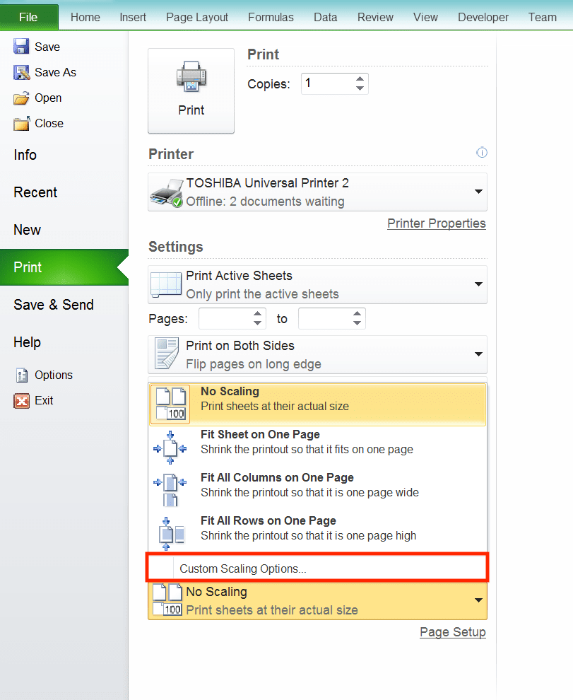 How to Print in Excel Neatly - Screenshot of the Custom Scaling Options Choice in the Scaling Settings