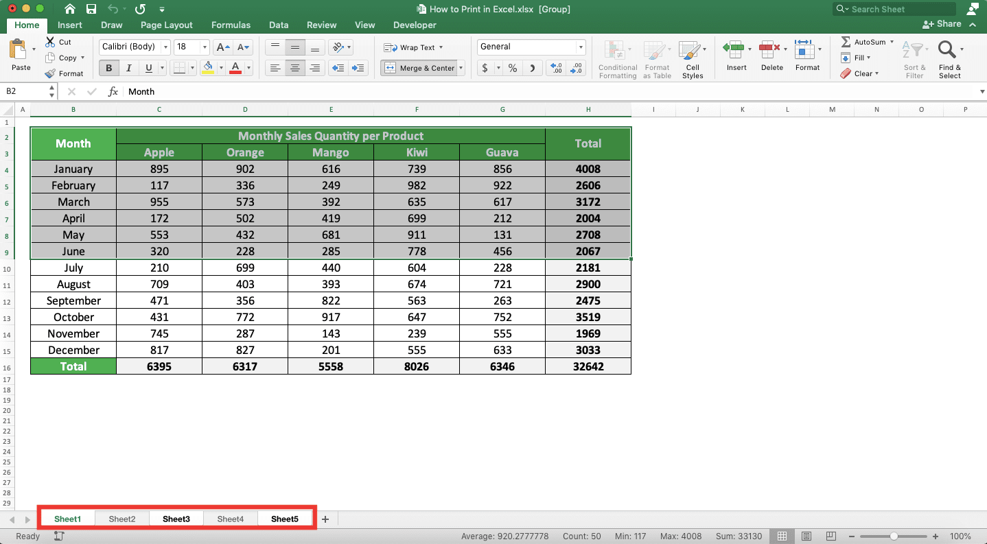 How to Print in Excel Neatly - Screenshot of How to Print the Same Cell Range from Multiple Sheets, Step 2