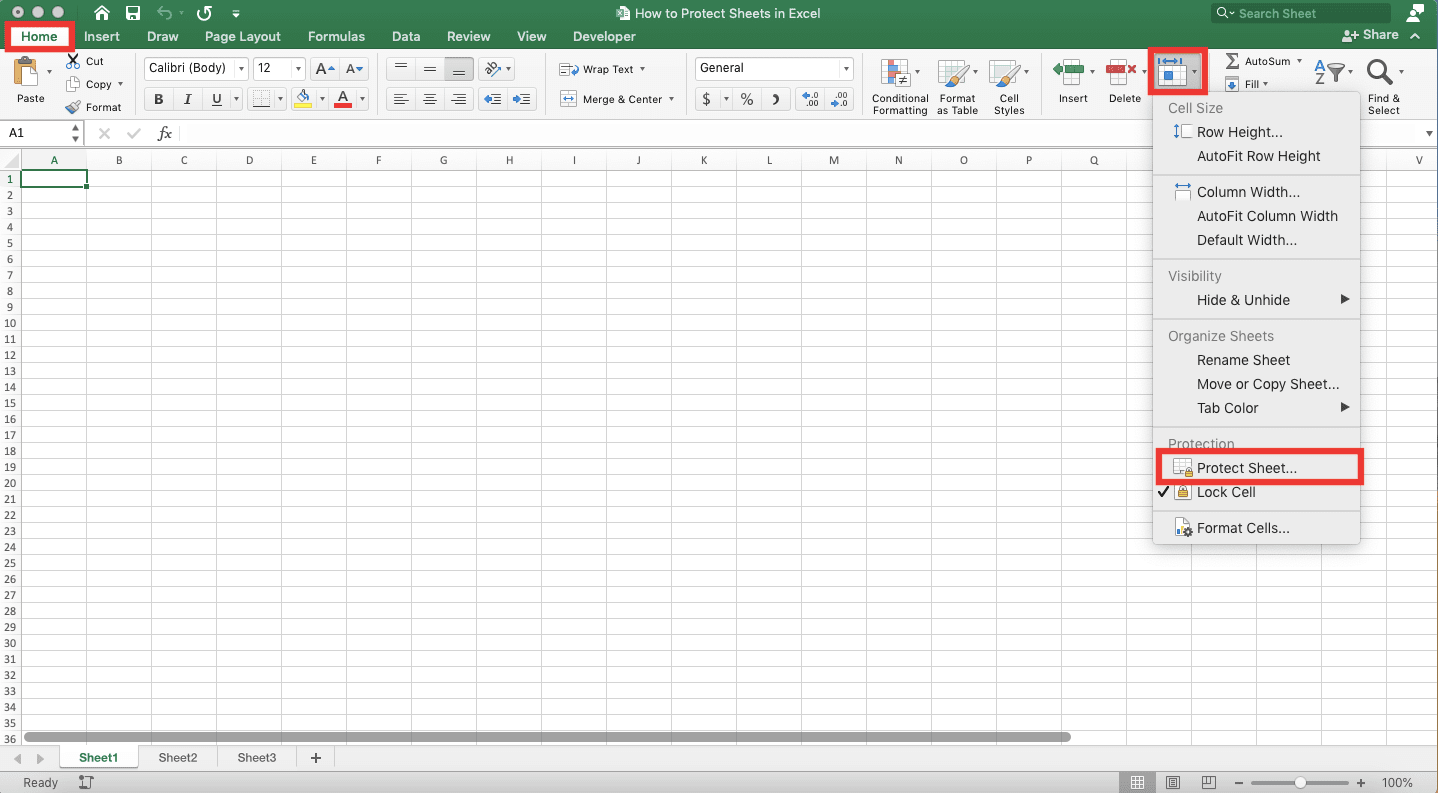 How to Protect Sheets in Excel - Screenshot of How to Protect Sheets with the Format Menu, Step 2