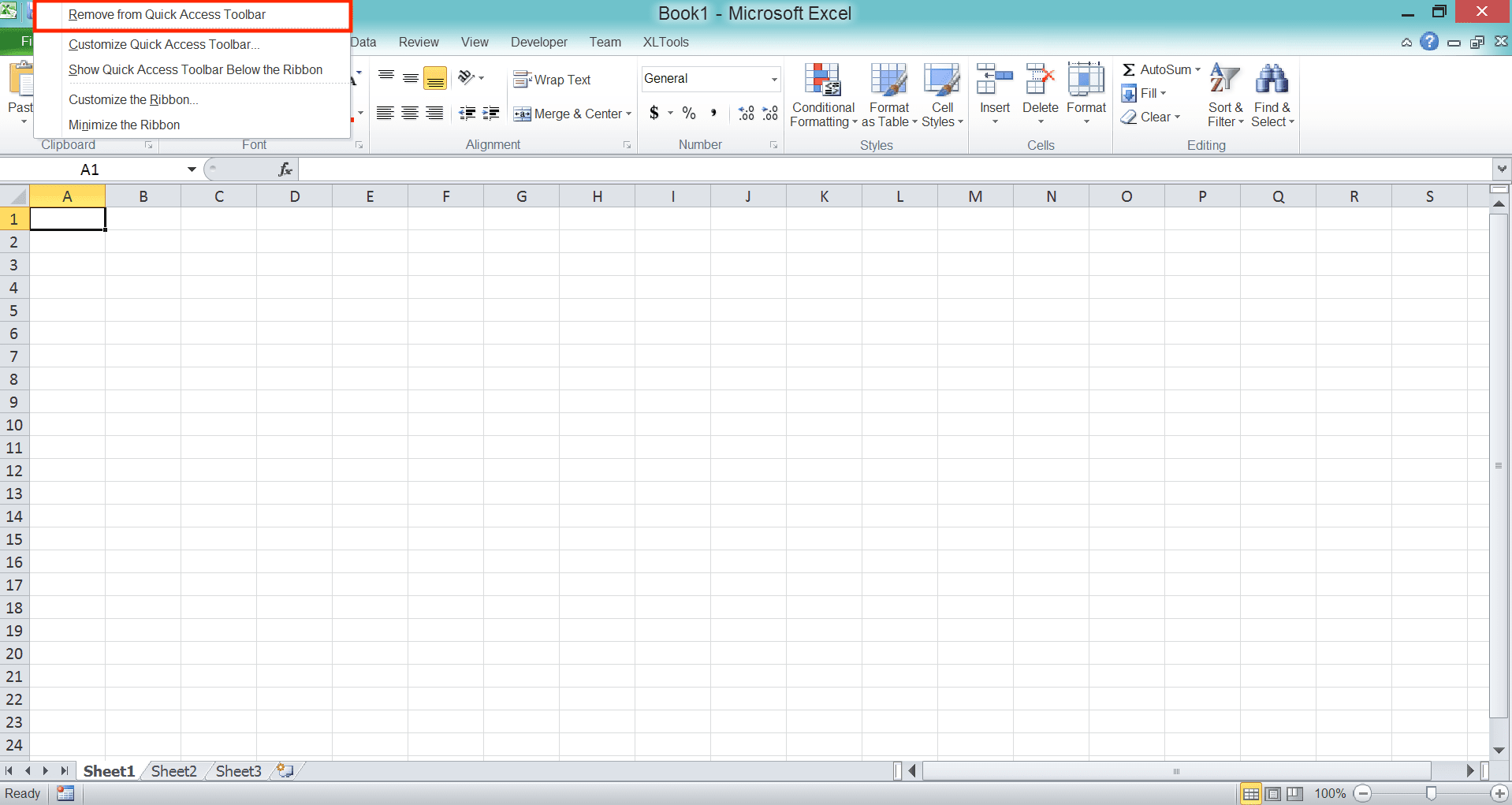 Excel Quick Access Toolbar; Meaning, Purpose, and How to Use It - Screenshot of the Remove from Quick Access Toolbar Choice Location in a Quick Access Toolbar Shortcut's Right-Click Menu