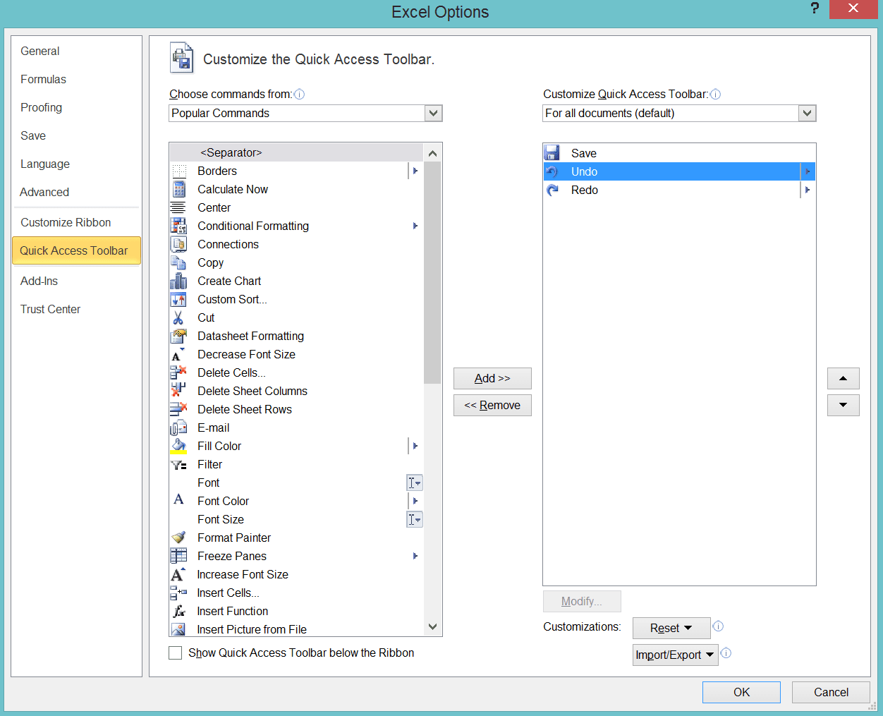 Excel Quick Access Toolbar; Meaning, Purpose, and How to Use It - Screenshot of the << Remove Button Location in the Quick Access Toolbar Dialog Box