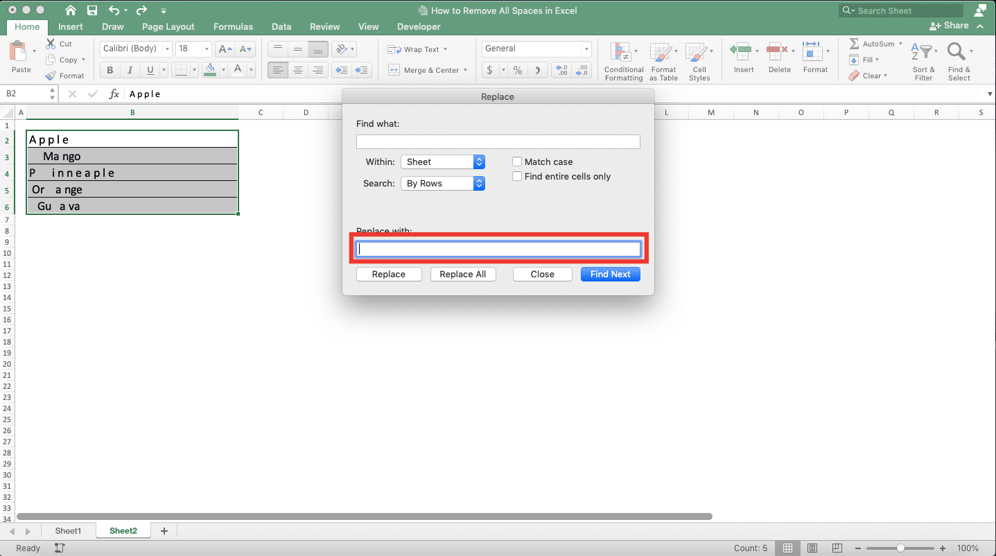 How to Remove All Spaces in Excel - Screenshot of Removing All Spaces by Using an Excel Feature, Step 4