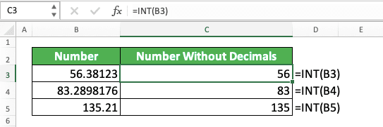 How to Remove Decimals in Excel - Screenshot of INT Implementation Example
