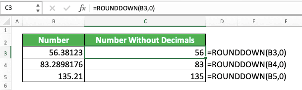 How to Remove Decimals in Excel - Screenshot of ROUNDDOWN Implementation Example