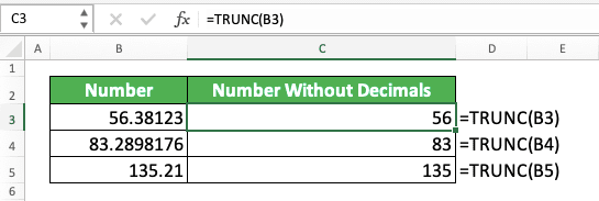How to Remove Decimals in Excel - Screenshot of TRUNC Implementation Example