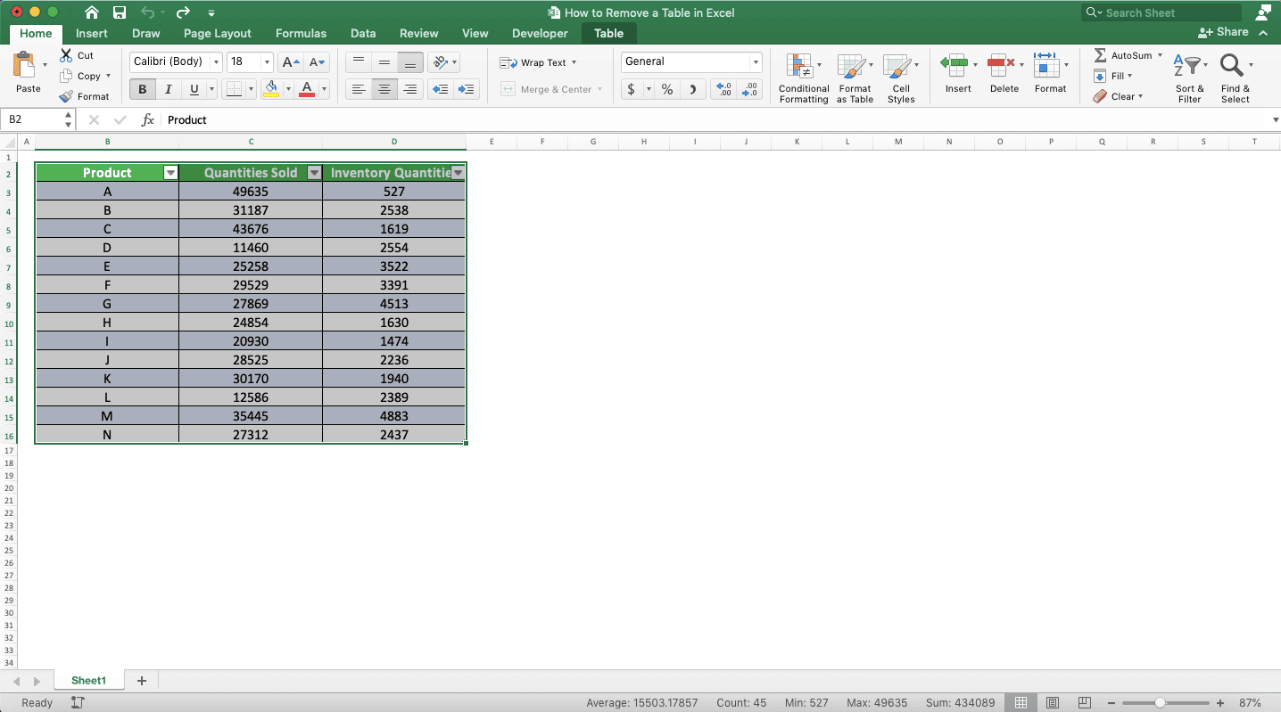 How to Remove a Table in Excel - Screenshot of Removing a Table Format, Formatting, and Content, Step 1