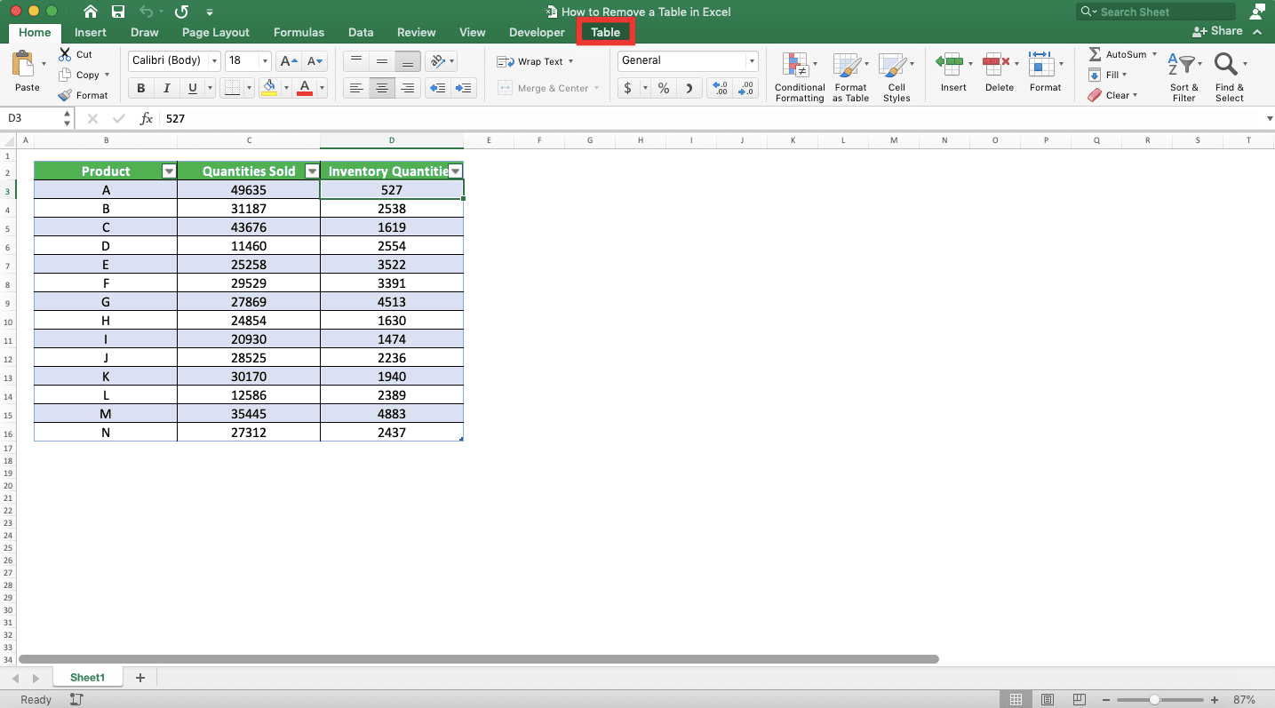 How to Remove a Table in Excel - Screenshot of Removing a Table Built-In Formatting, Step 2