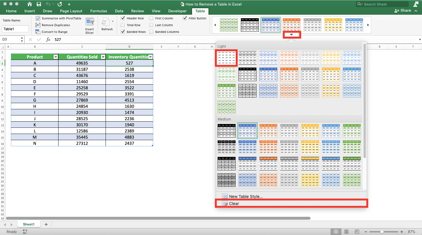 How to Remove a Table in Excel - Screenshot of Removing a Table Built-In Formatting, Step 3