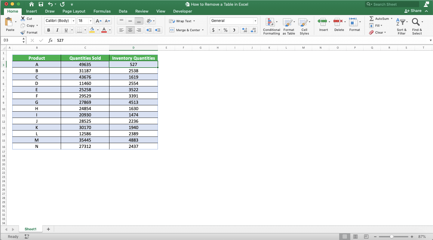 How to Remove a Table in Excel - Screenshot of Removing a Table Format, Step 4