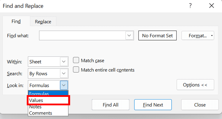 How to Remove #VALUE! Error in Excel - Screenshot of the Values Choice Location in the Look in Dropdown List