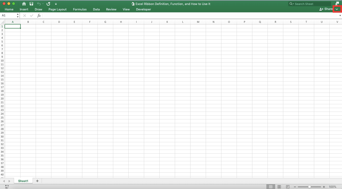 Excel Ribbon; Definition, Function, and How to Use It - Screenshot of the Down Arrow Location in an Excel File to Unhide the Excel Ribbon
