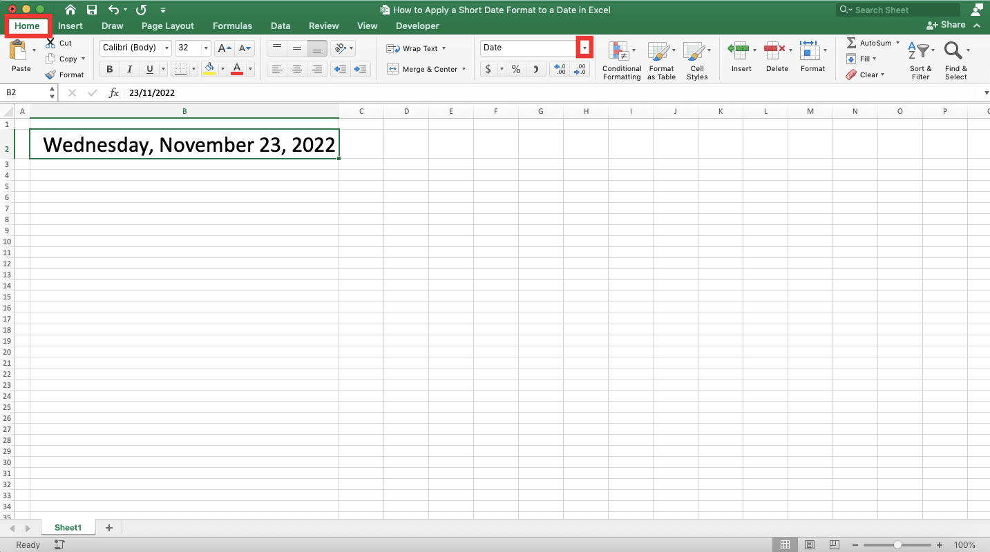 How to Apply a Short Date Format to a Date in Excel - Screenshot of Step 1-2