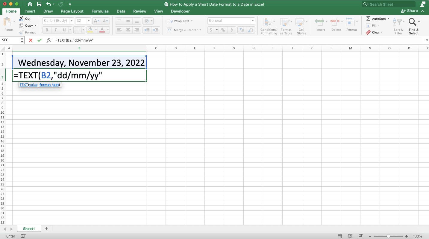 How to Apply a Short Date Format to a Date in Excel - Screenshot of Step 3-4