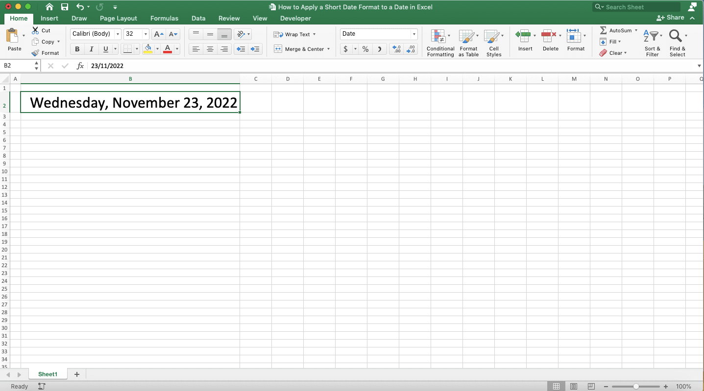How to Apply a Short Date Format to a Date in Excel - Screenshot of an Example of a Date with Long Date Format