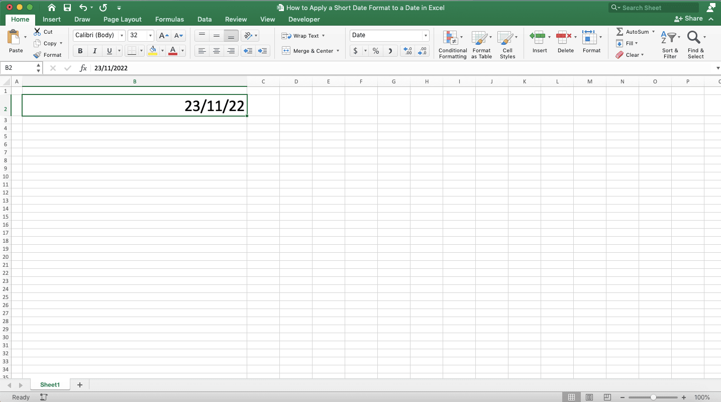 How to Apply a Short Date Format to a Date in Excel - Screenshot of an Example of a Date with Short Date Format