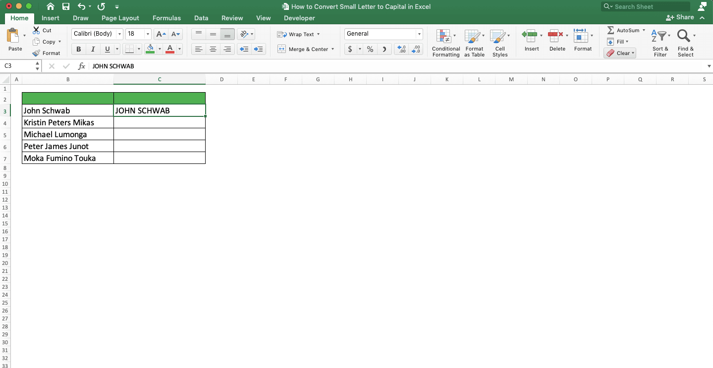 How to Convert Small Letters to Capital in Excel - Screenshot of the First Text Letters Capitalization for the Flash Fill Example