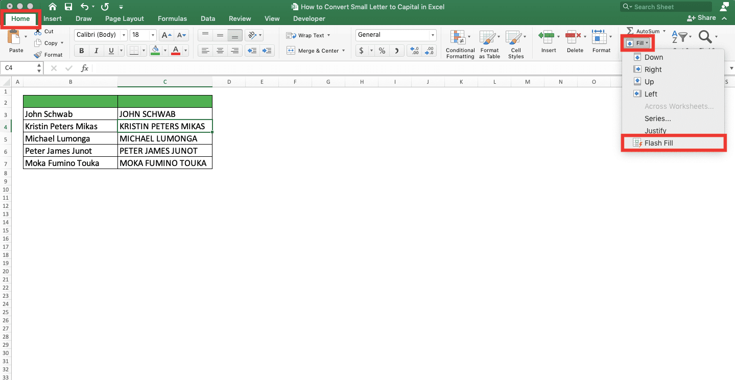 How to Convert Small Letters to Capital in Excel - Screenshot of the Location of the Flash Fill in the Excel Home Tab