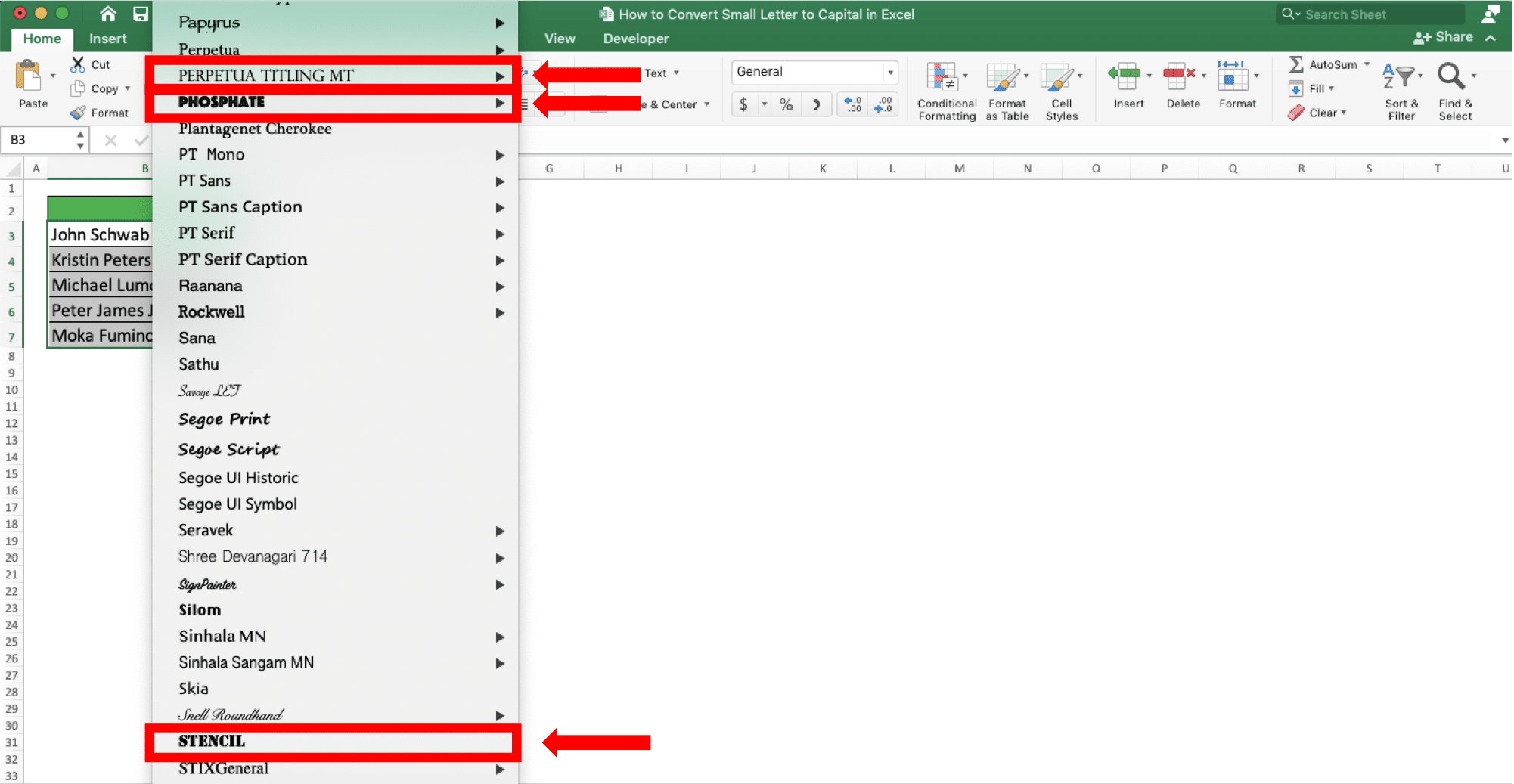 How to Convert Small Letters to Capital in Excel - Screenshot of the Font Type Choices with Capital Letters