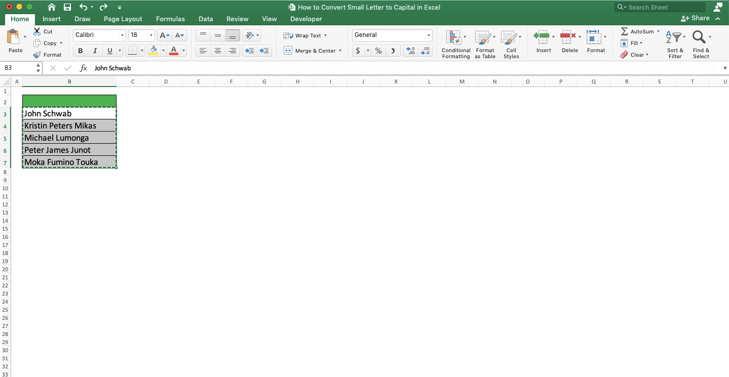 How to Convert Small Letters to Capital in Excel - Screenshot of the Active Copy Mode on the Excel Text Cells to Copy to Word
