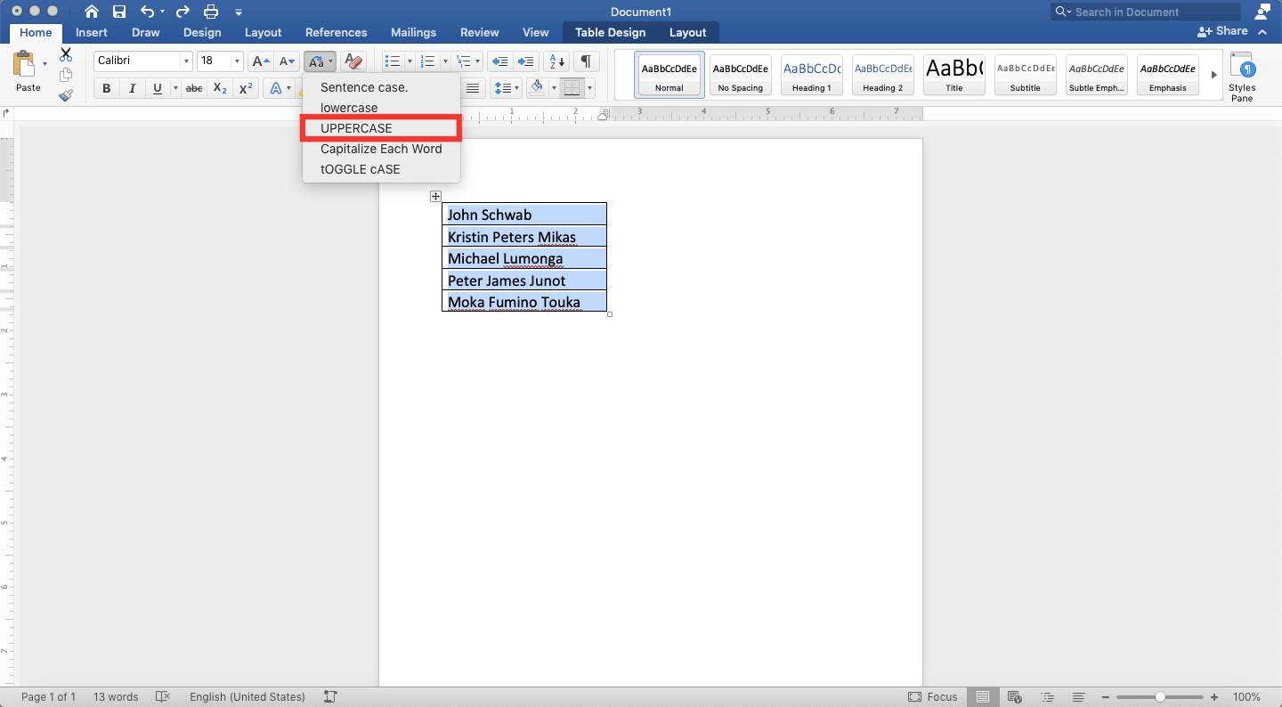 How to Convert Small Letters to Capital in Excel - Screenshot of the UPPERCASE Choice Location in the Word's Change Case Menu Dropdown
