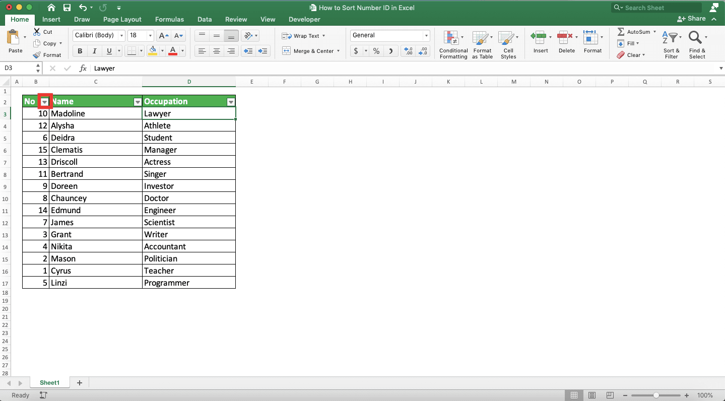 How to Sort Number ID in Excel - Screenshot of Step 3 of Using Sort & Filter to Sort Number ID in Excel