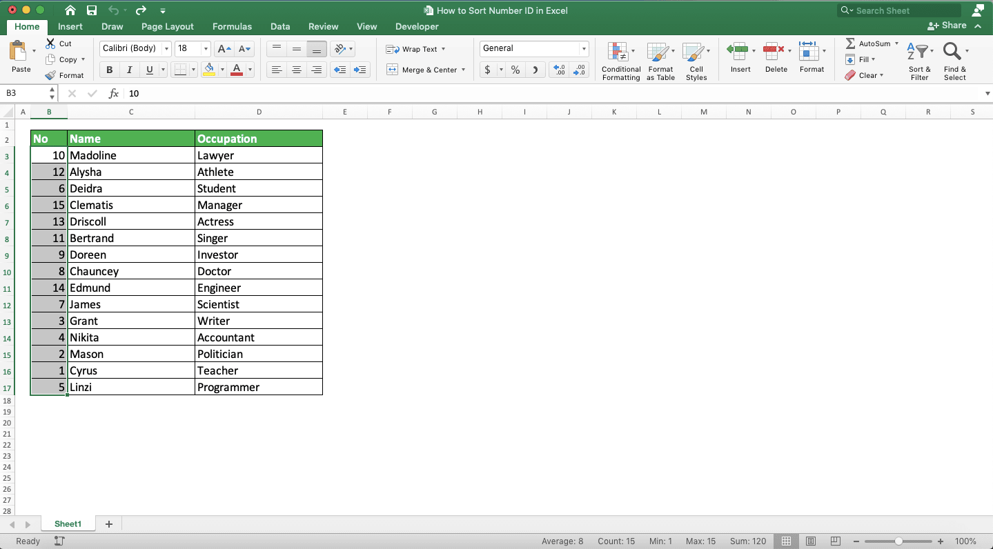 How to Sort Number ID in Excel - Screenshot of Step 1 of Sorting Only the Number ID Column in a Data Table in Excel