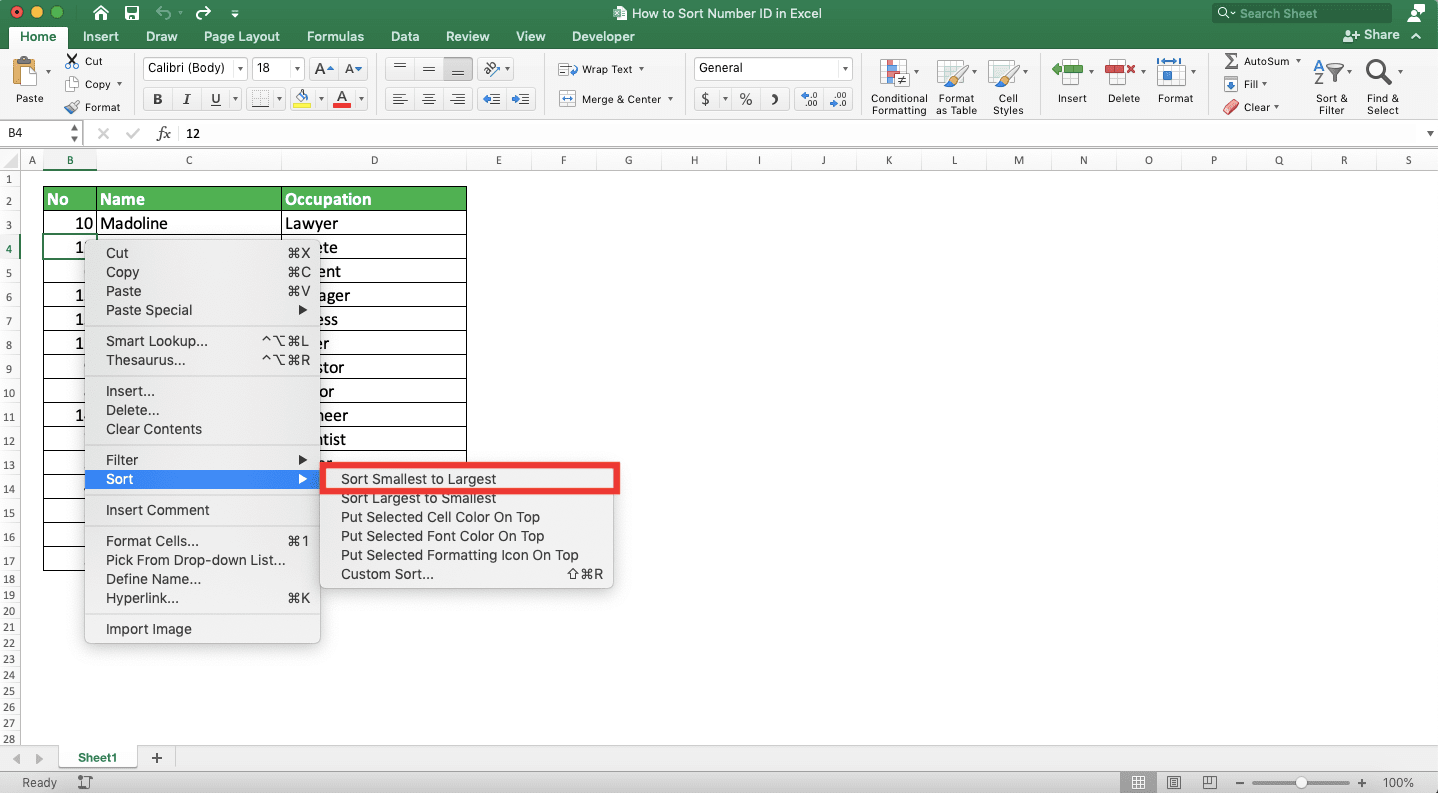 How to Sort Number ID in Excel - Screenshot of Step 2 of Using Right-Click to Sort Number ID in Excel