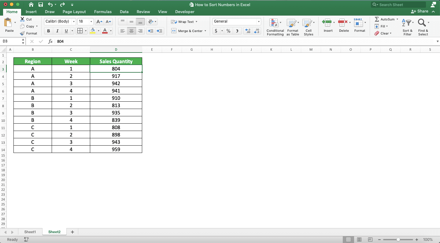 How to Sort Numbers in Excel - Screenshot of How to Sort Numbers with a Multi-Level Sorting, Step 1