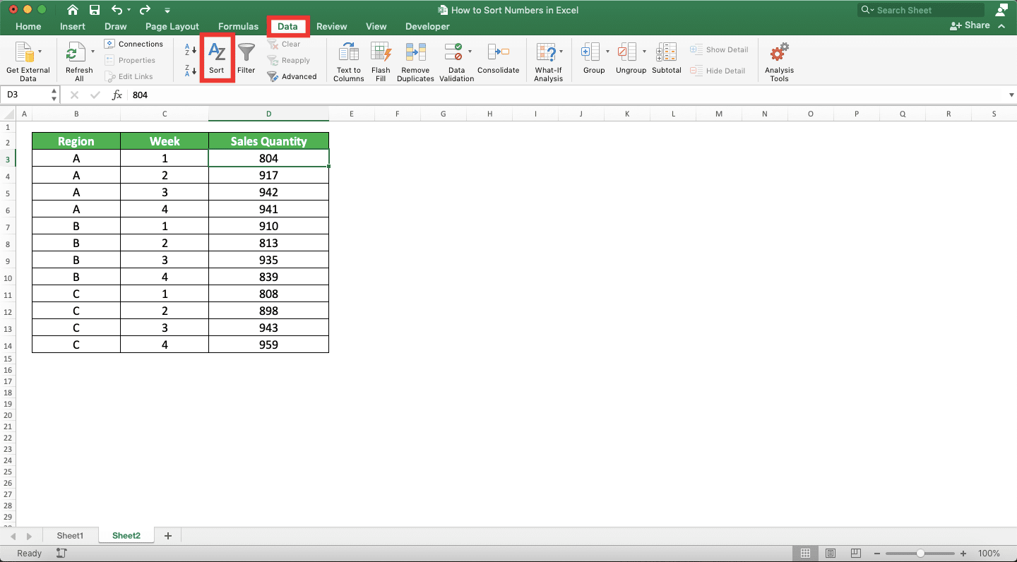 How to Sort Numbers in Excel - Screenshot of How to Sort Numbers with a Multi-Level Sorting, Step 2