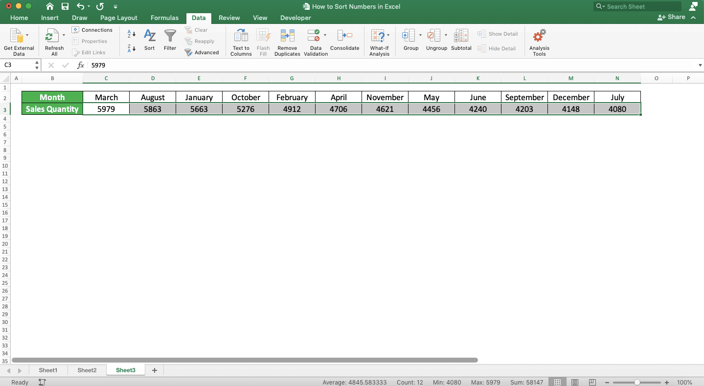 How to Sort Numbers in Excel - Screenshot of How to Sort Numbers in a Row, Step 8