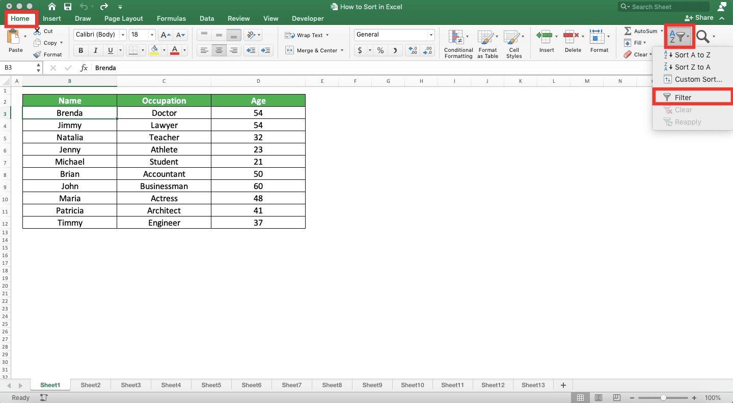 How to Sort in Excel - Screenshot of the Home Tab, Sort & Filter Dropdown Button, and its Filter Choice Locations