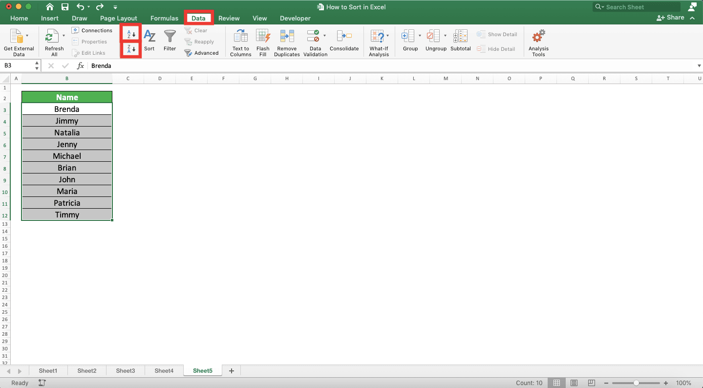 How to Sort in Excel - Screenshot of the Data Tab and Two Sort Buttons Locations