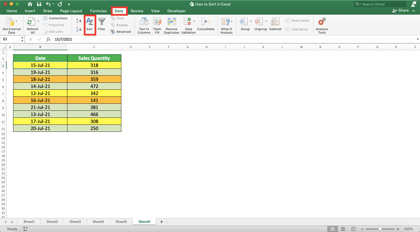 How to Sort in Excel - Screenshot of How to Sort Color, Step 2