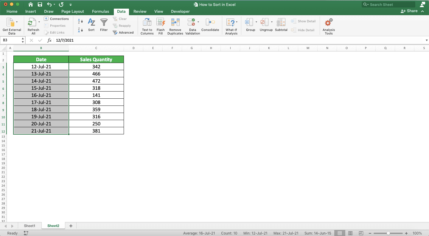 How to Sort in Excel - Screenshot of the Date Sort Result Example